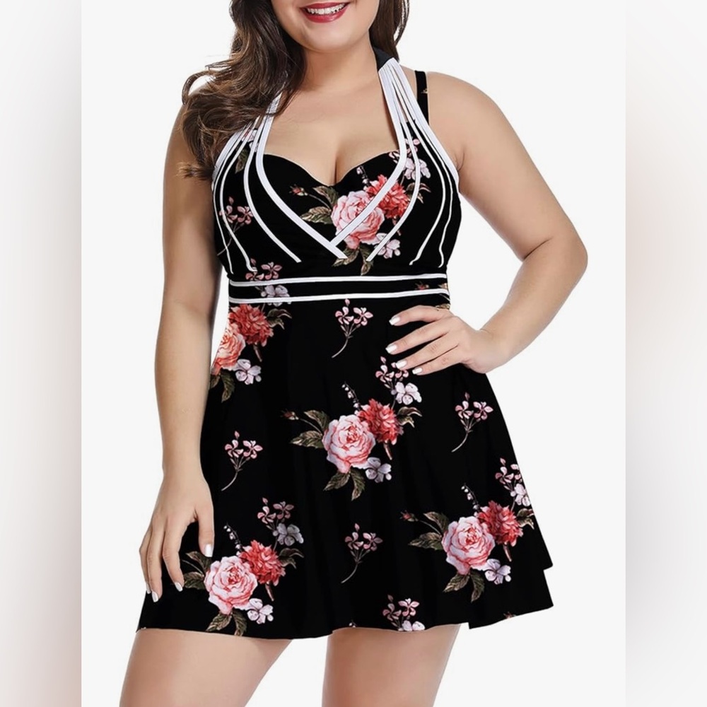 Flattering Floral Womens Halter Swimdress Two Piece Tankini Set. Sz XXL